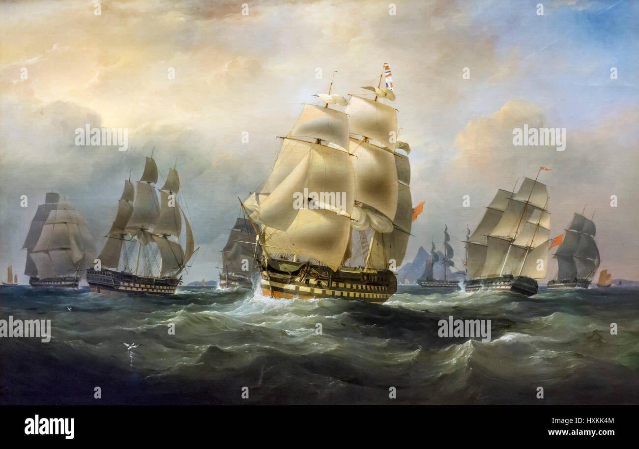 "East Indiamen im Ostchinesischen Meer" von William John Higgins und Edward Duncan, Öl auf Leinwand, c.1820. Das Gemälde zeigt Segelschiffe der Ostindien-Kompanie, für den Versand von Tee verwendet. Stockfoto