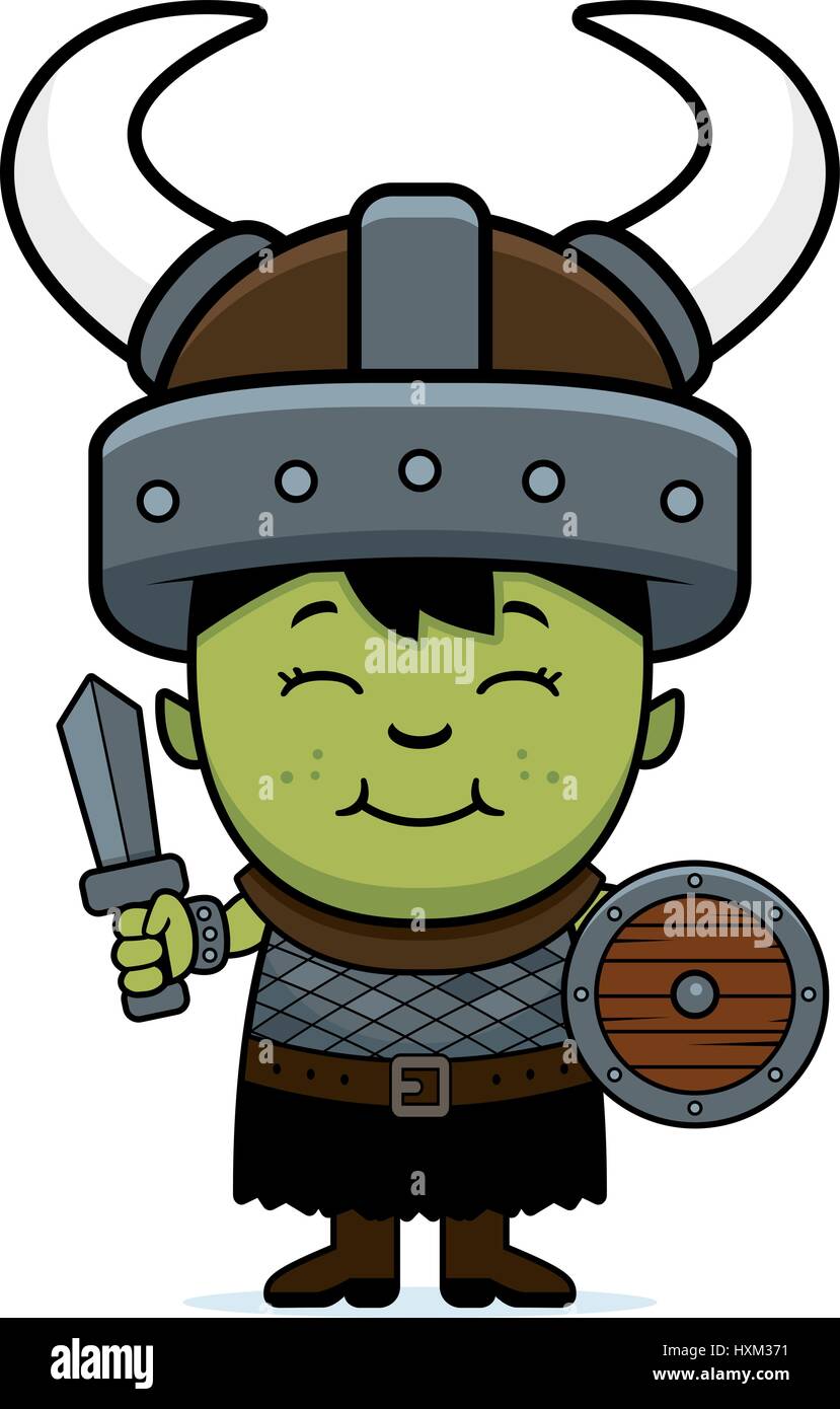 Eine Karikatur Illustration eines Orc-Kindes mit Schwert und Schild. Stock Vektor