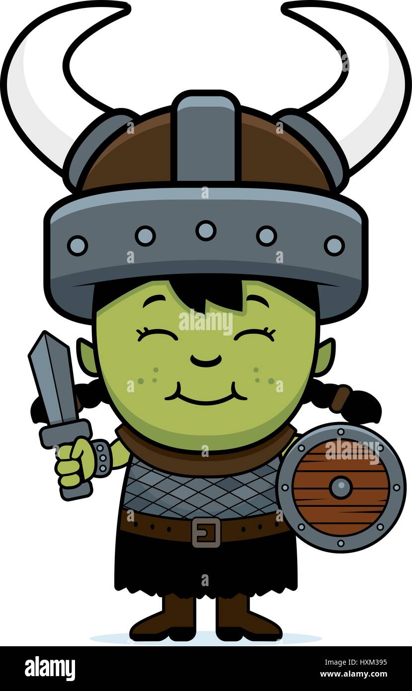 Eine Karikatur Illustration eines Orc-Kindes mit Schwert und Schild. Stock Vektor