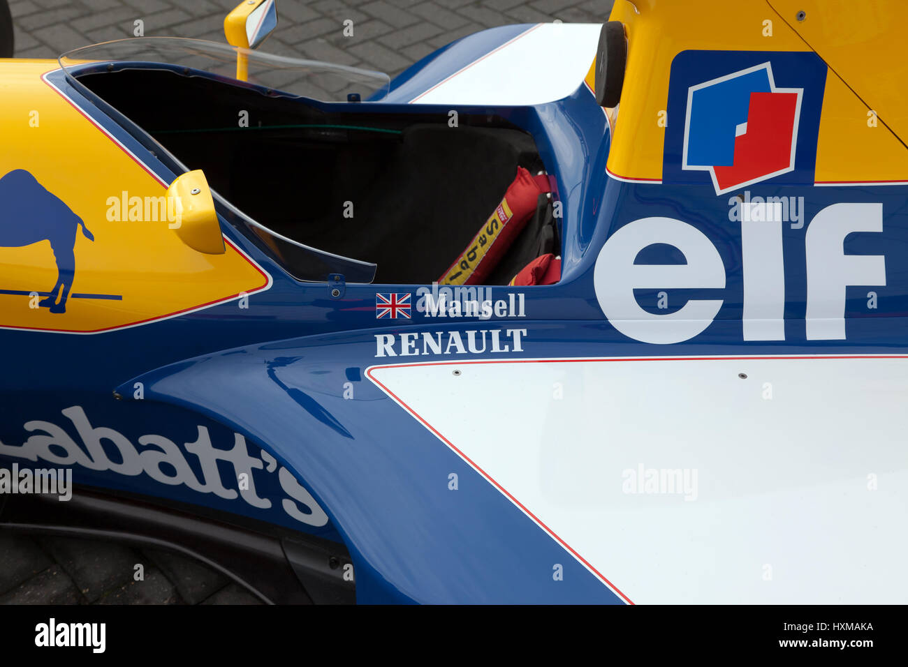 Close-up von Nigel Mansells Rennen, 1992, Williams FW 14B Formel 1-Wagen, auf der Silverstone Classic Media Day Stockfoto