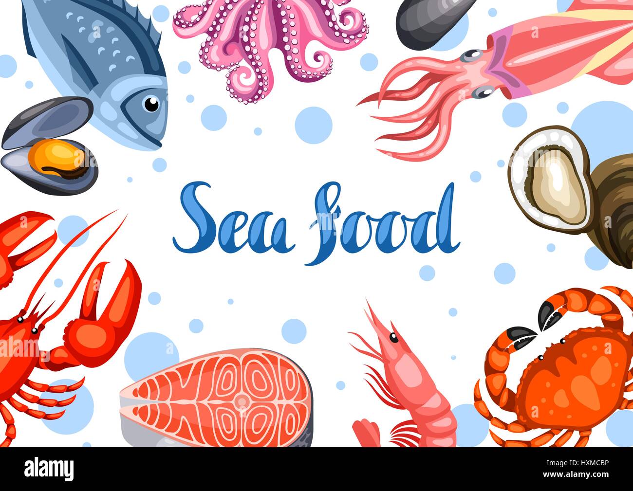 Hintergrund mit verschiedenen Meeresfrüchten. Darstellung der Fische, Muscheln und Krustentiere Stock Vektor