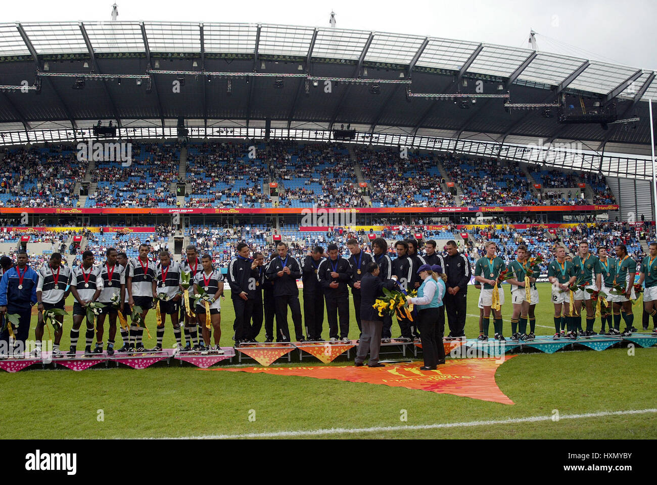 Fidschi Neuseeland Südafrika Silber GOLD BRONZE MANCHESTER ENGLAND 4. August 2002 Stockfoto