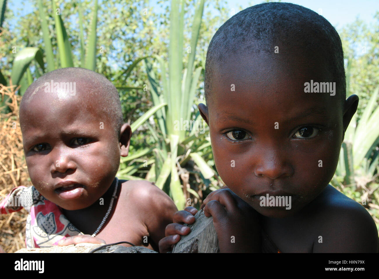 Meserani Snake Park, Arusha, Tansania - 14. Februar 2008: Unbekannte Afrikanische schwarze Kinder Massai, das ungefähre Alter von 3-5 Jahren, Closeup Ill Stockfoto