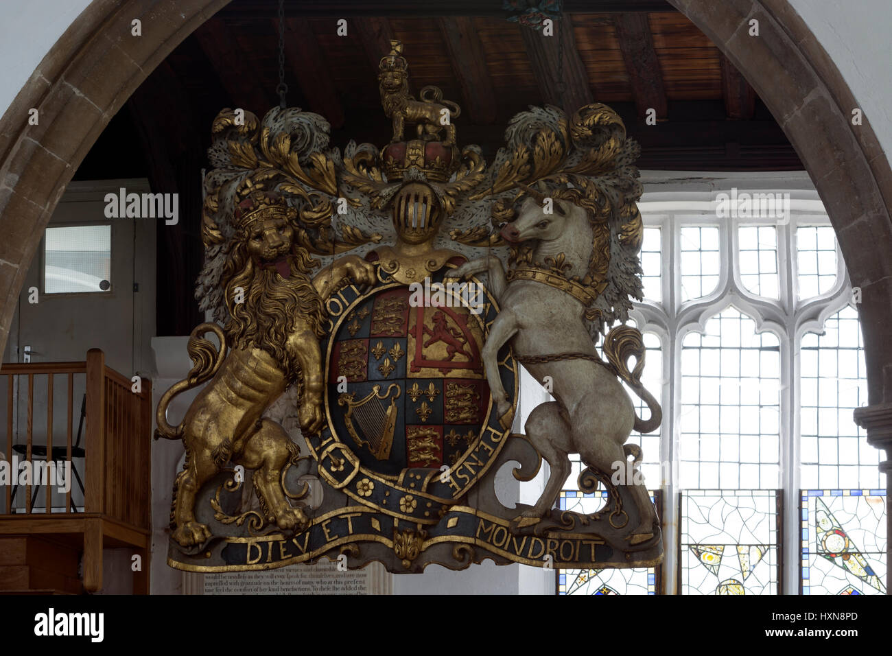 Eine große königliche Wappen in St. Peter und St. Paul Kirche, Wisbech, Cambridgeshire, England, UK Stockfoto