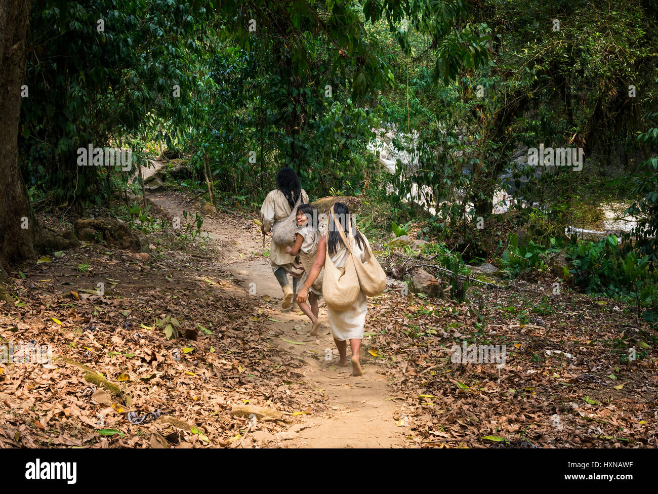 Sierra Nevada de Santa Marta, Kolumbien - 8. März 2014: Kogi Familie gehen in eine Spur im Wald in der Sierra Nevada de Santa Marta, Kolumbien Stockfoto