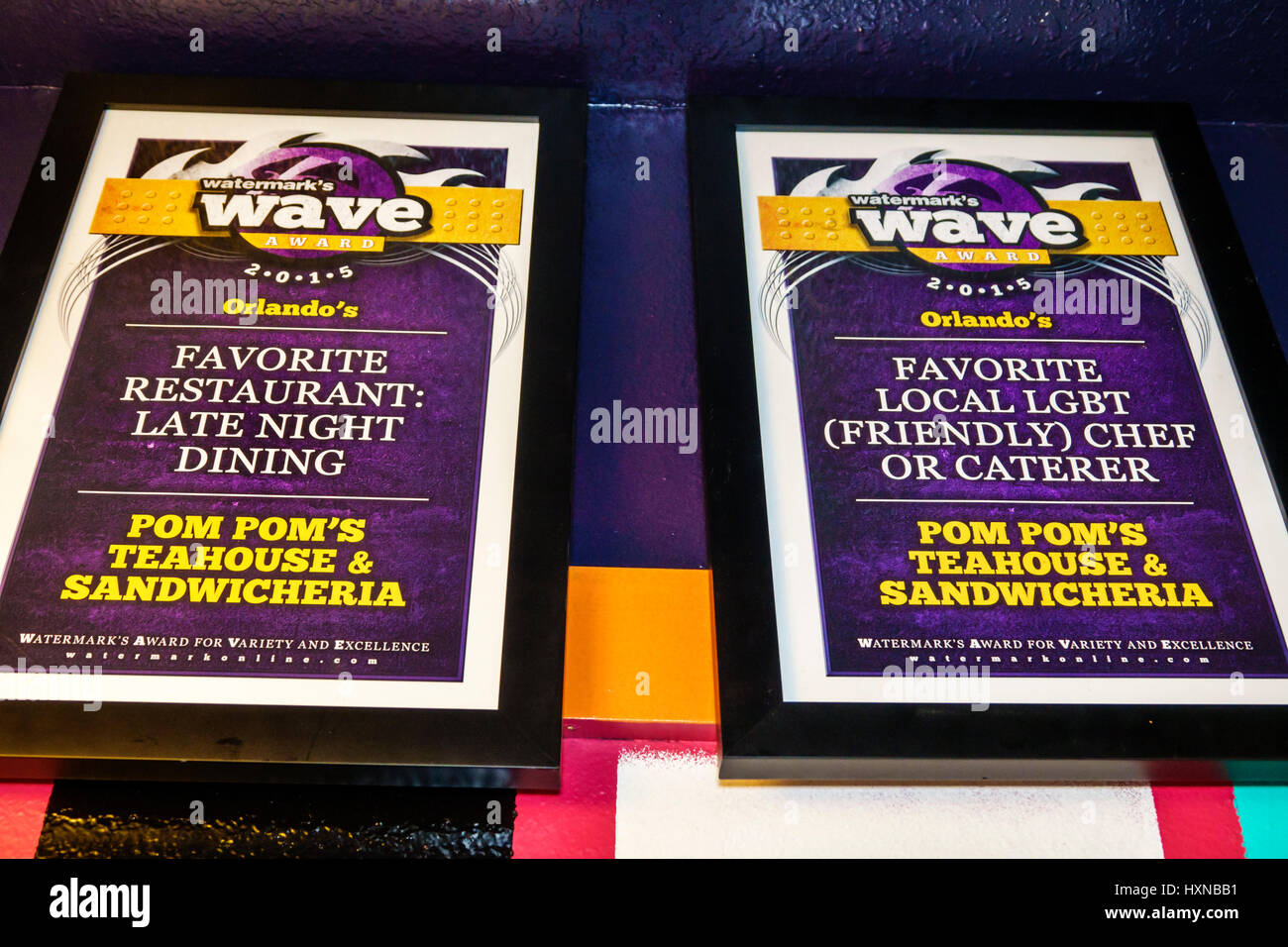 Orlando Florida, Pom Pom's Teehaus und Sandwicheria, Kaffeehaus, Café, Wave Award, Wasserzeichen, LGBT-Medien, Lieblingsrestaurant, Besucher reisen tou Stockfoto