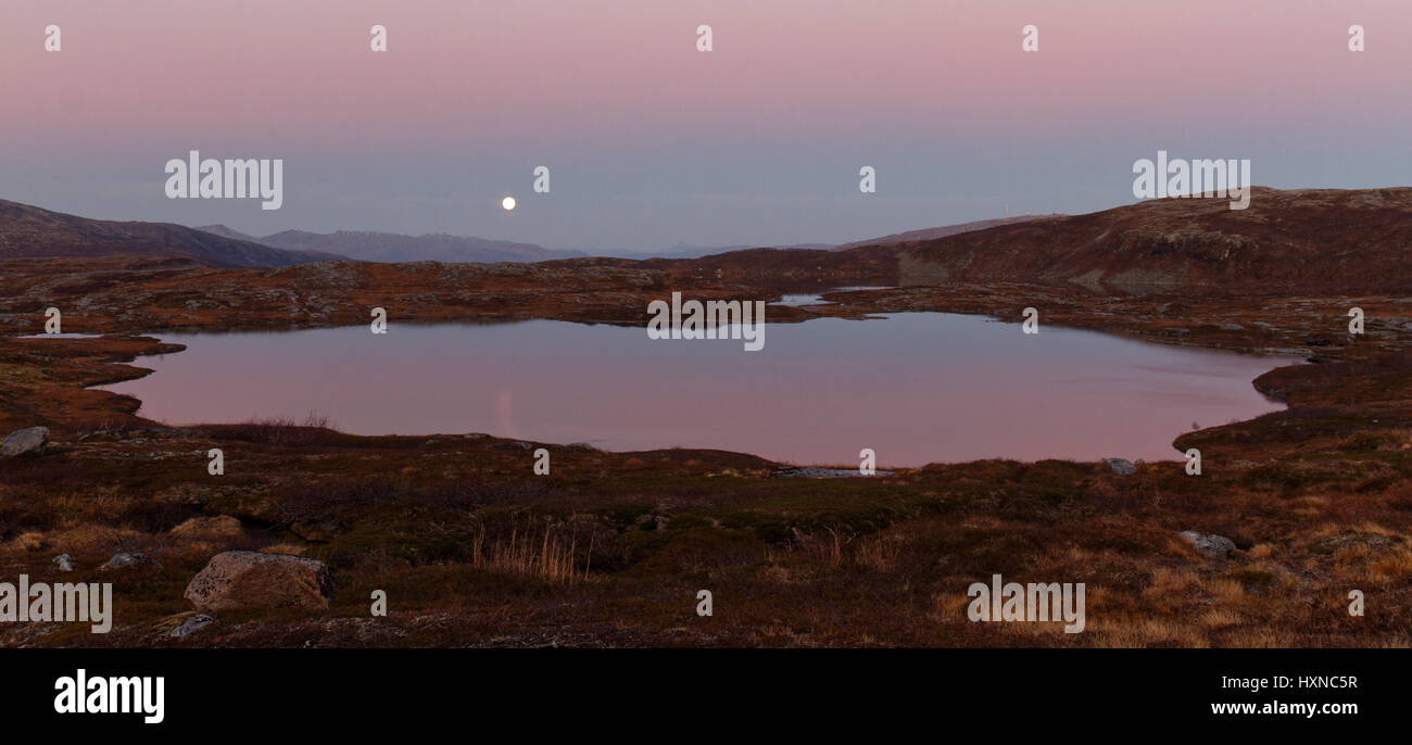 Mond über See Skorrigorrivatnet in der Nähe von Bodø, Nord-Norwegen, am Abend Stockfoto