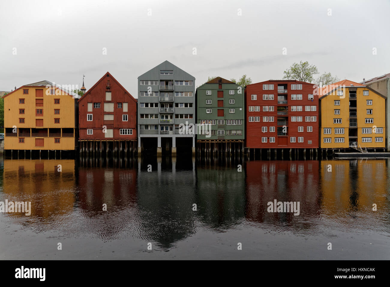 Bunte Häuser direkt am Wasser, Trondheim, Norwegen Stockfoto