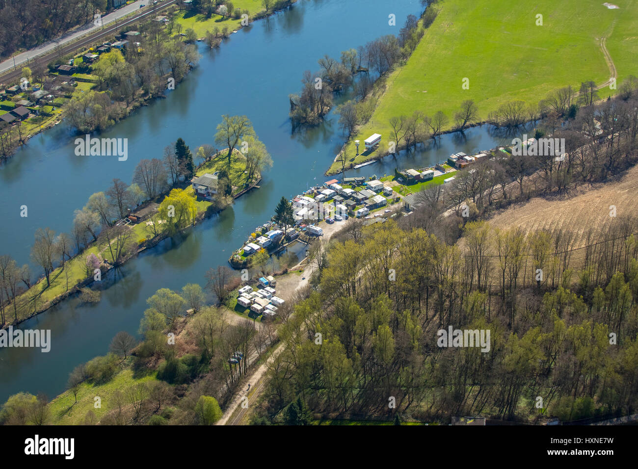 Ruhrgebiet mit camping Site, Hans-Petersteger Ruhr-Tal Bike trail, Ruhrauen, Ruhr, Witten, Ruhr Area, North Rhine-Westphalia, Germany, Ruhrtal m Stockfoto