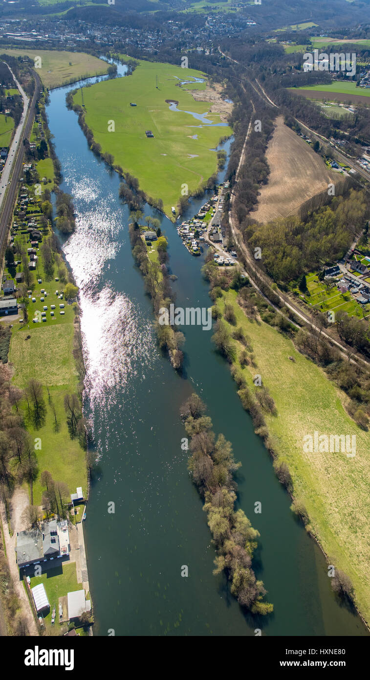 Ruhrgebiet mit camping Site, Hans-Petersteger Ruhr-Tal Bike trail, Ruhrauen, Ruhr, Witten, Ruhr Area, North Rhine-Westphalia, Germany, Ruhrtal m Stockfoto