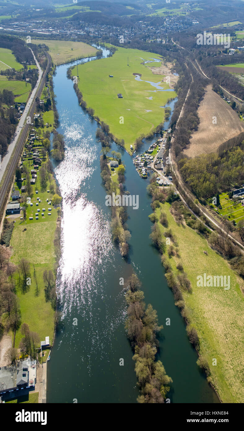 Ruhrgebiet mit camping Site, Hans-Petersteger Ruhr-Tal Bike trail, Ruhrauen, Ruhr, Witten, Ruhr Area, North Rhine-Westphalia, Germany, Ruhrtal m Stockfoto