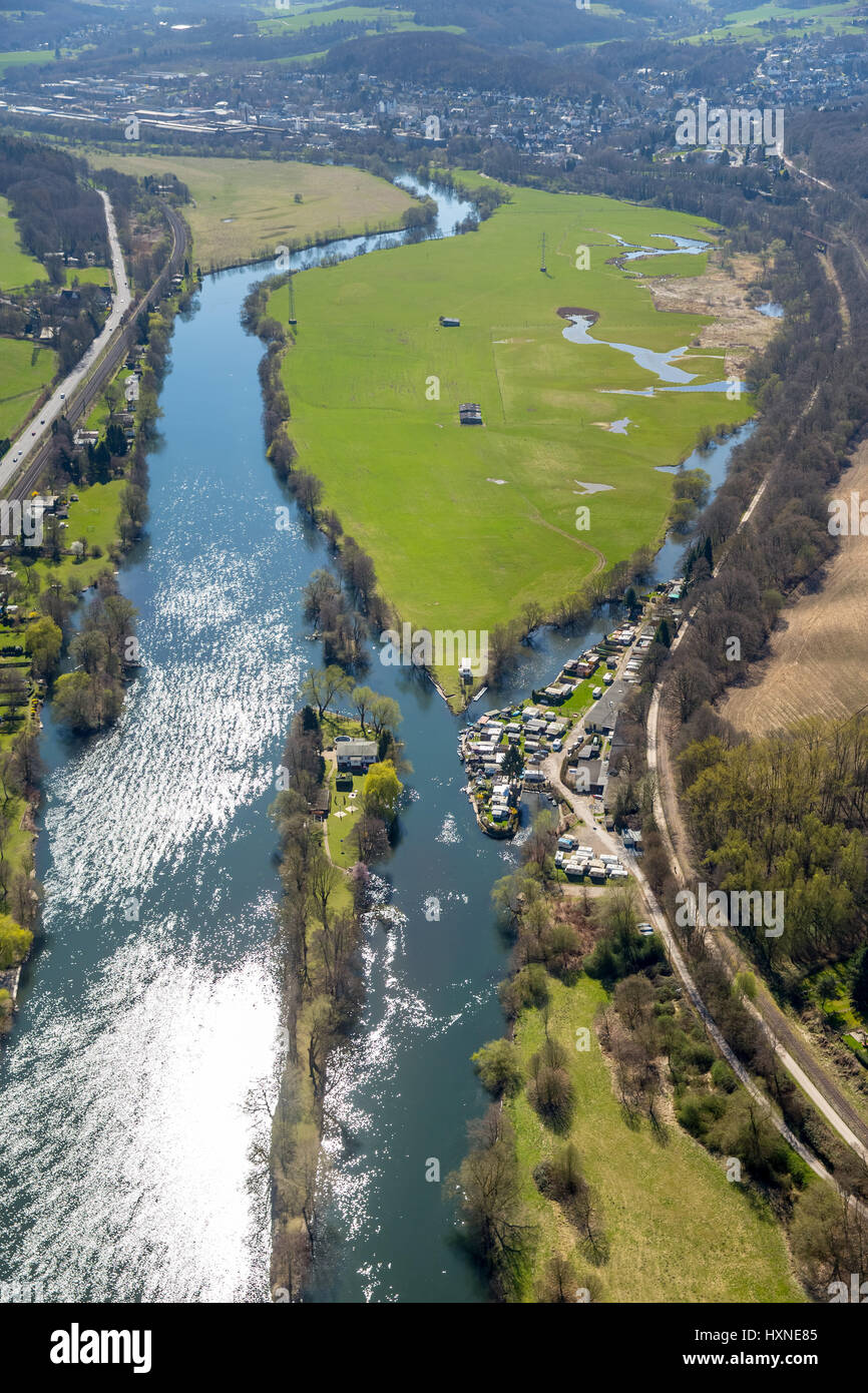 Ruhrgebiet mit camping Site, Hans-Petersteger Ruhr-Tal Bike trail, Ruhrauen, Ruhr, Witten, Ruhr Area, North Rhine-Westphalia, Germany, Ruhrtal m Stockfoto
