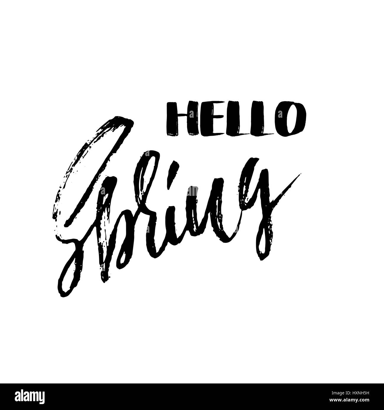 Handgeschriebene Schrift Inschrift. Hallo Frühling. Handgezeichnete trockenen Pinsel Kalligraphie Briefe. Vektor-Illustration. Stock Vektor