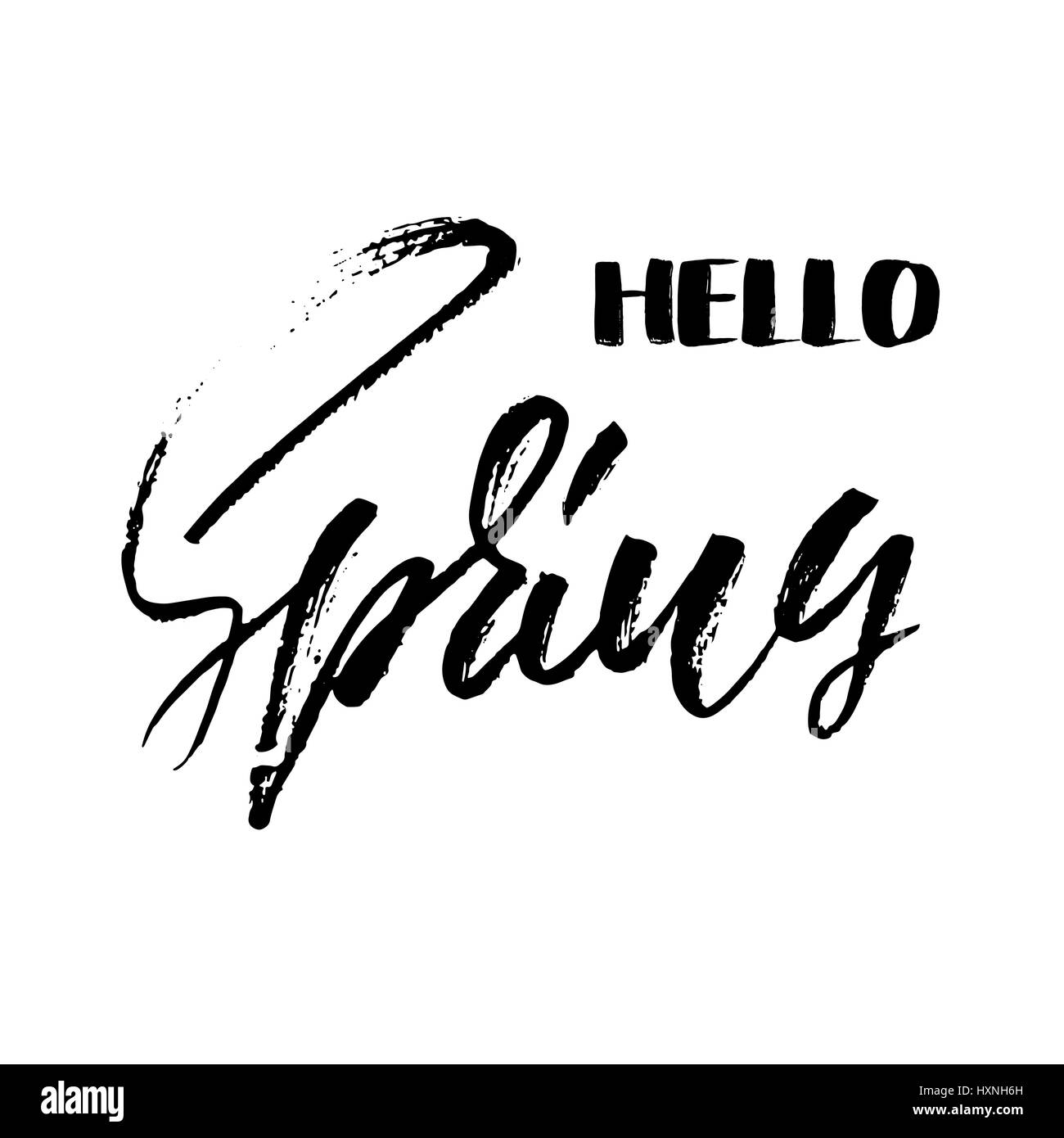 Handgeschriebene Schrift Inschrift. Hallo Frühling. Handgezeichnete trockenen Pinsel Kalligraphie Briefe. Vektor-Illustration. Stock Vektor