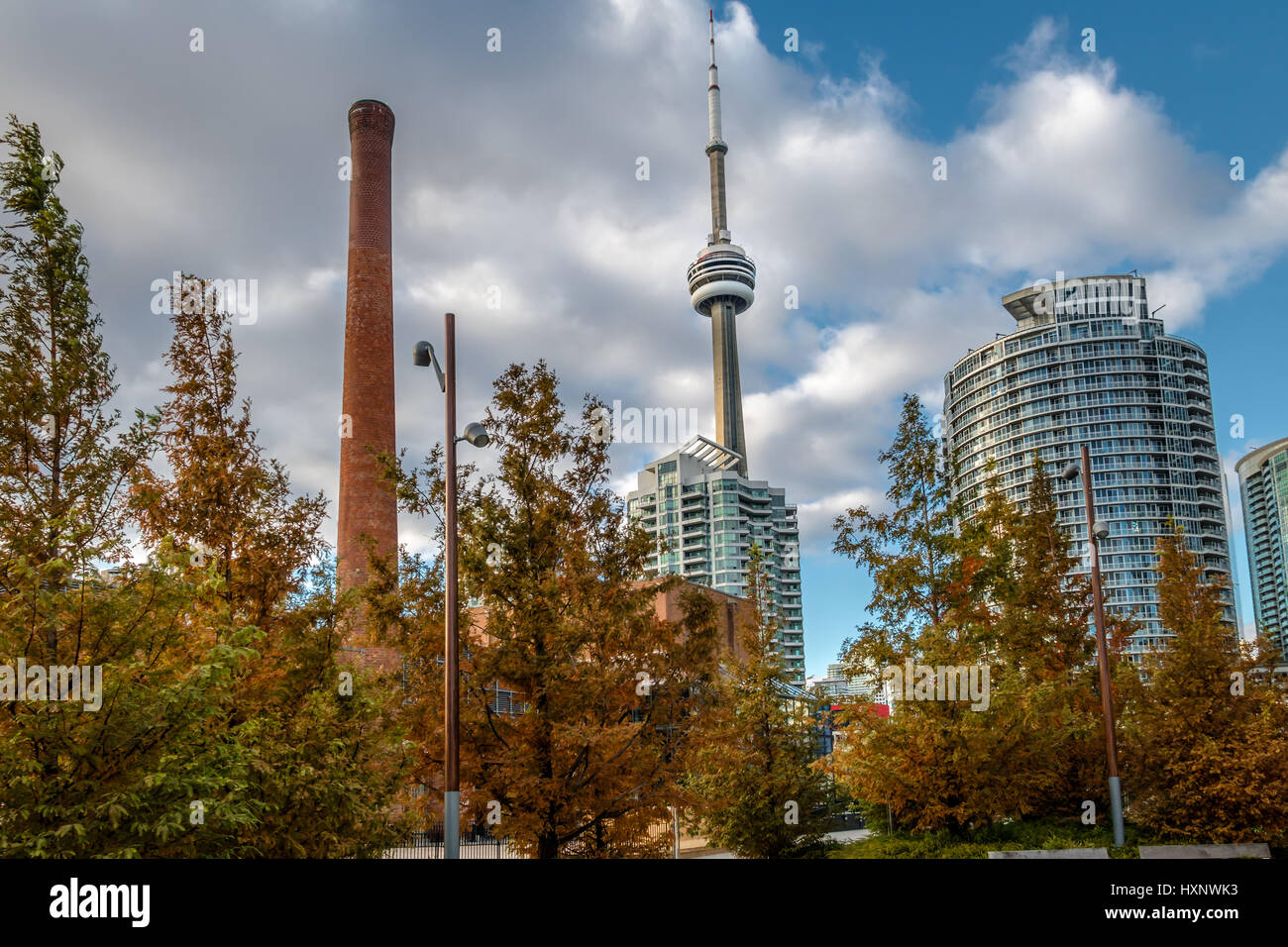 Gebäude in Downtown Toronto mit dem CN Tower und Herbst Vegetation - Toronto, Ontario, Kanada Stockfoto