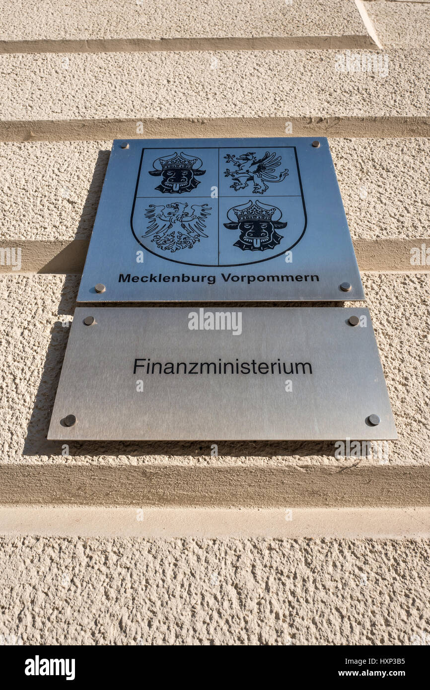 Gedenktafel an das Finanzministerium des Bundeslandes Mecklenburg-Vorpommern Stockfoto