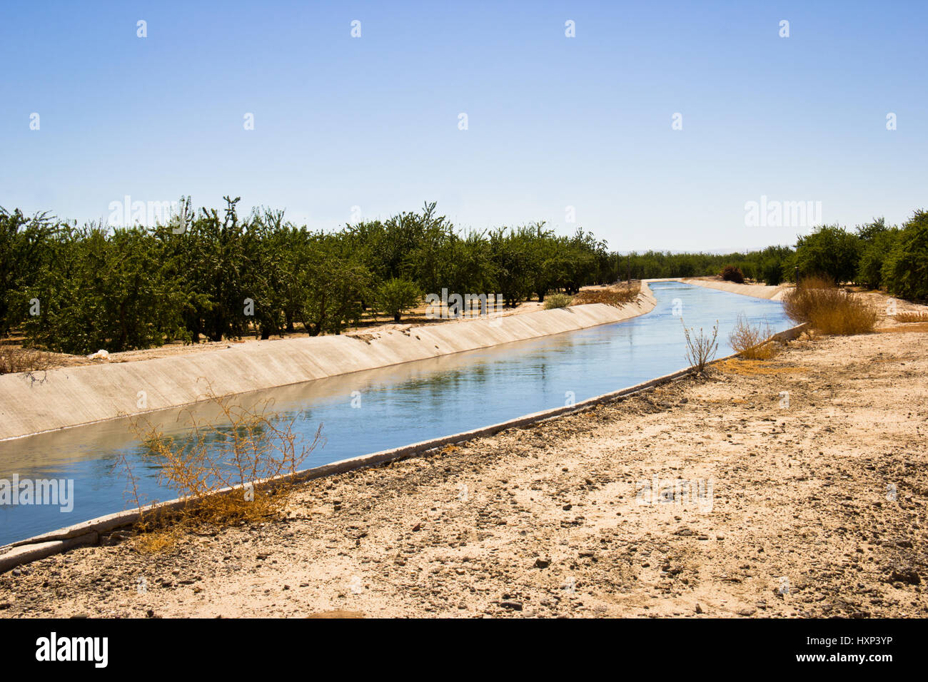 Bewässerungskanal in San Joaquin County. Wasserknappheit und Dürre. Stockfoto