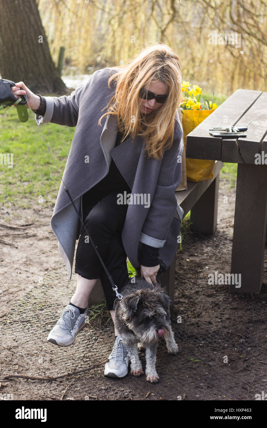 Andrea Bartley, 50, Buchhalter, mit ihrem Hund Olly. Eine Dogwalker im Bute Park, Cardiff, Wales. Hundebesitzer in Cardiff wurden mehr als 17.500 in einer Geldstrafe verurteilt. Stockfoto