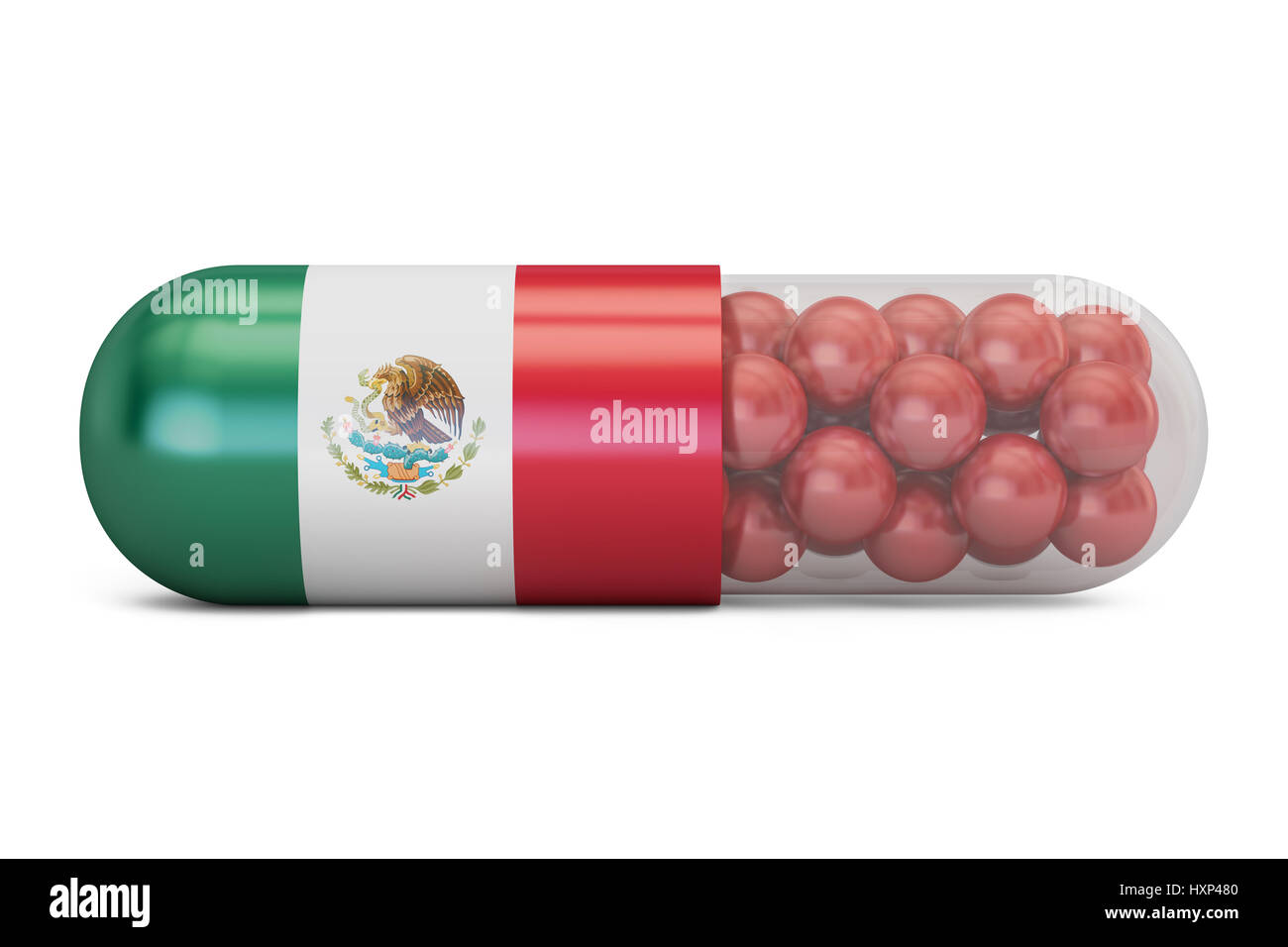 Pille-Kapsel mit Mexiko Flagge. Mexikanische Gesundheitswesen Konzept, 3D rendering Stockfoto