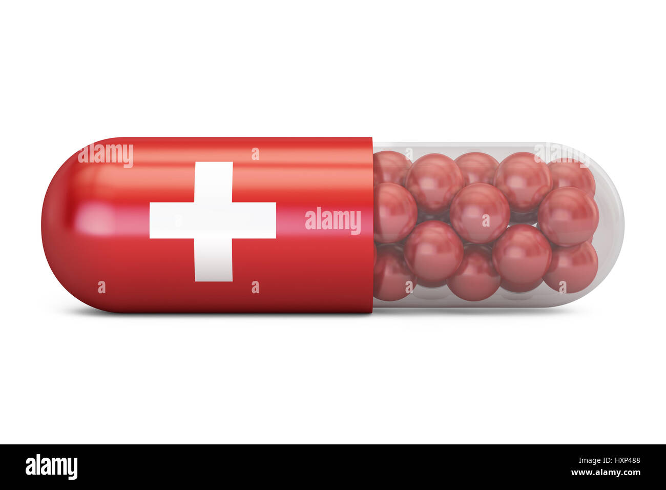 Pille-Kapsel mit Flagge der Schweiz. Schweizer Gesundheitswesen Konzept, 3D rendering Stockfoto