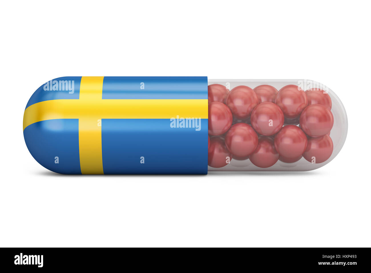 Pille-Kapsel mit Schweden Flagge. Schwedische Gesundheitswesen Konzept, 3D rendering Stockfoto