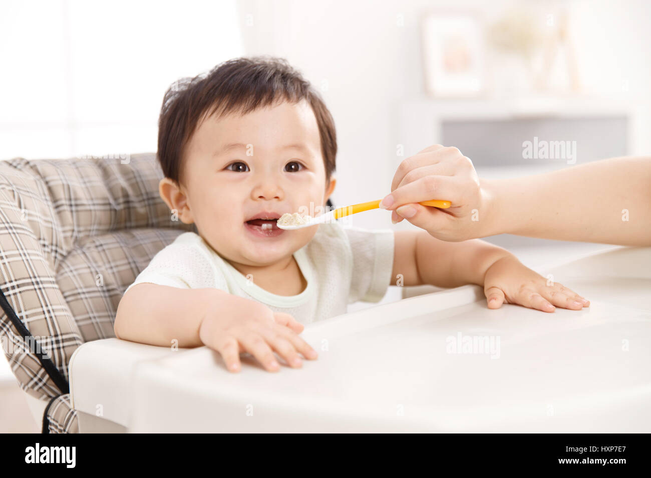 Mutter Fütterung Baby im Hochstuhl Stockfoto