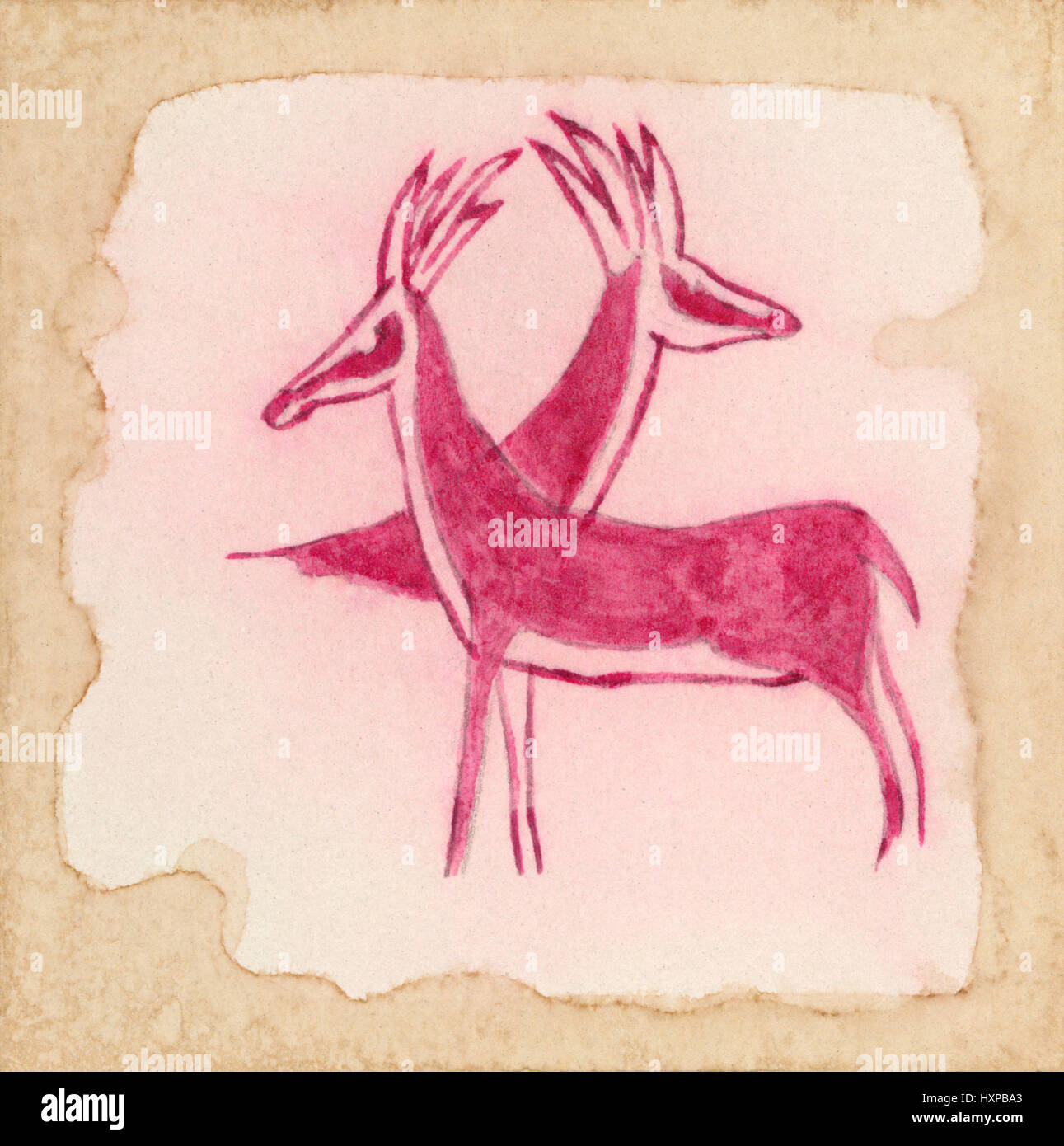Zwei Antilopen. Primitive Zeichnung inspiriert von alten parietalen Kunst von Sahara. Roter Tinte auf dem alten Papier. Stockfoto