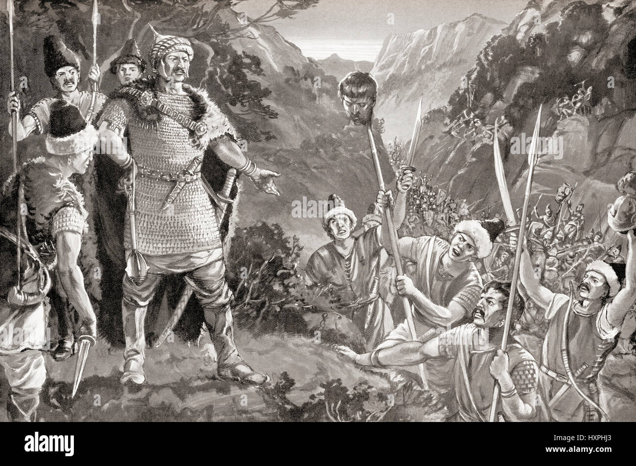 Der Leiter des Nicephorus brachte ich mit Krum Khan von Bulgarien nach der Schlacht von Pliska, 811.  Nikephoros i., starb ich oder Nicephorus 26 Juli 811.  Byzantinische Kaiser aus 802 811 Ad.  Hutchinson Geschichte der Nationen veröffentlichte 1915. Stockfoto