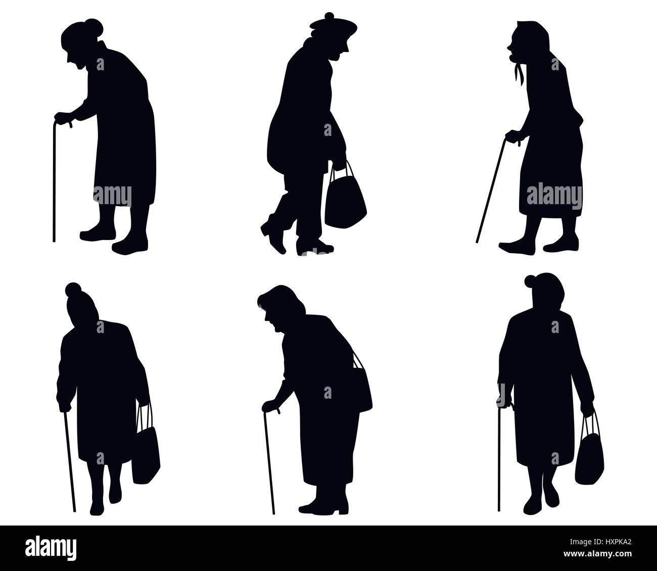 Vektor-Illustration von sechs älteren Frauen-Silhouetten Stock Vektor