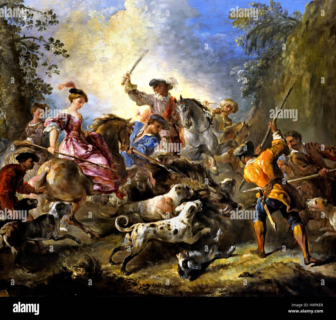 Die Wildschweinjagd 1700, Joseph Parrocel 1646-1704 Frankreich Französisch Stockfoto