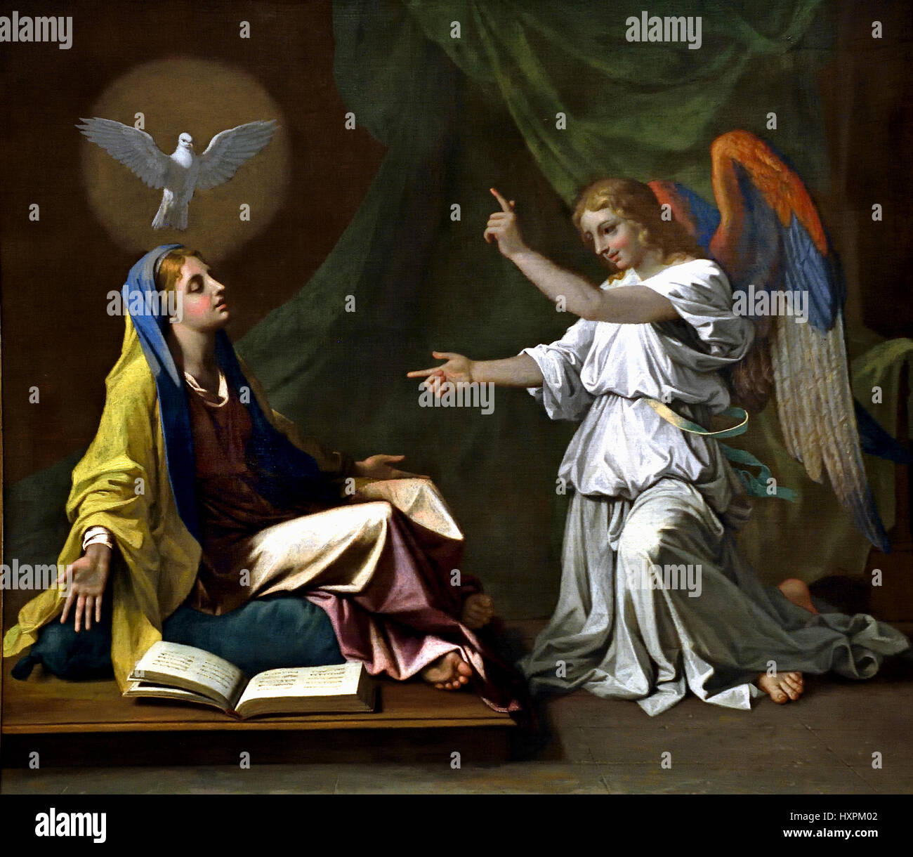 Die Verkündigung 1657 Nicolas Poussin 1594 - 1665 Frankreich FranzösischVerkündigung, Selig, Jungfrau Maria, die Ankündigung des Engels Gabriel, Maria, dass sie schwanger werden, einen Sohn durch eine jungfräuliche Geburt gebären, die, Mutter von Jesus Christus, christlicher Messias und Sohn Gottes, Menschwerdung, Stockfoto