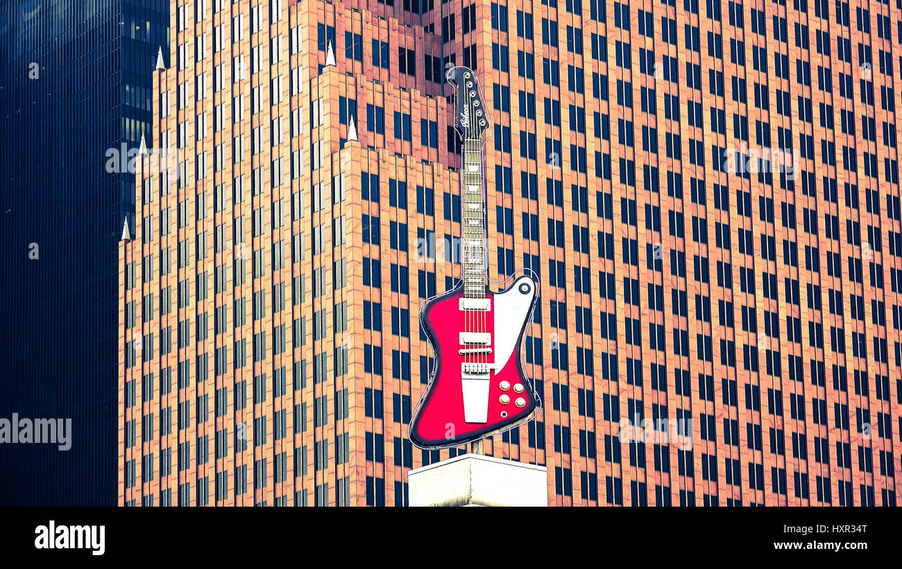 Gitarre-Schild auf das Hard Rock Cafe in der Innenstadt von Houston, Texas Stockfoto