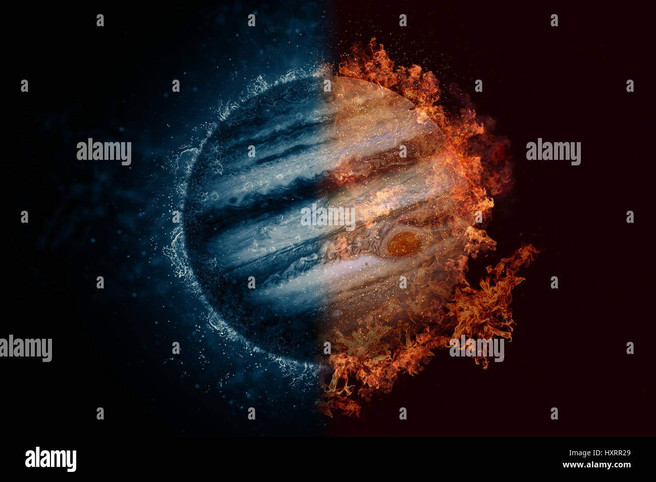 Planet Jupiter in Wasser und Feuer. Sci-Fi-Konzeptzeichnung. Stockfoto