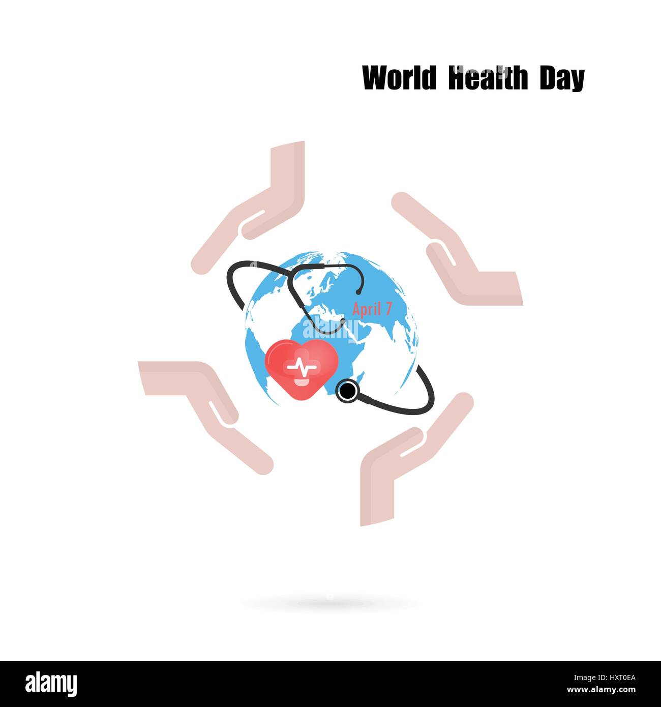 Globus-Zeichen, menschliche Hand und Stethoskop Symbol mit Herz-Form-Vektor-Logo-Design-Vorlage. Welt-Gesundheitstag-Symbol. World Health Day Idee Kampagne Konzept f Stock Vektor