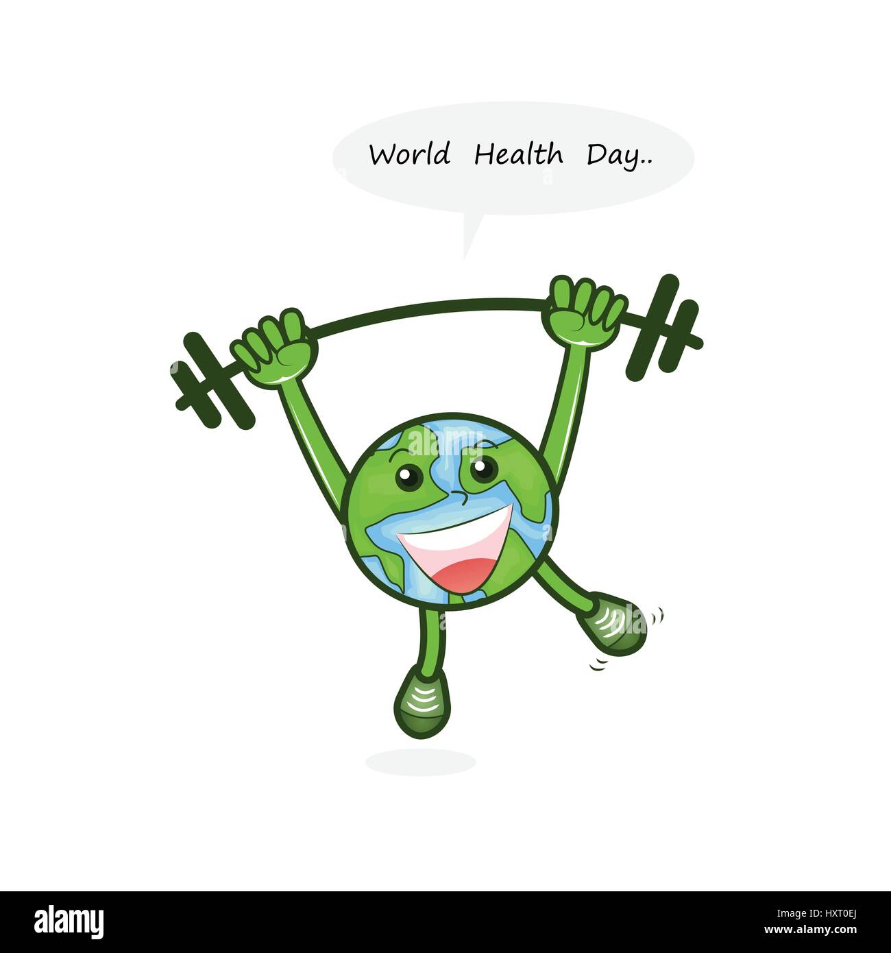 Globus Zeichen und Hantel Vektor-Logo Design-Vorlage. Welt-Gesundheitstag-Symbol. Gesundheitstag Cartoon Maskottchen. World Health Day Idee Kampagne con Stock Vektor