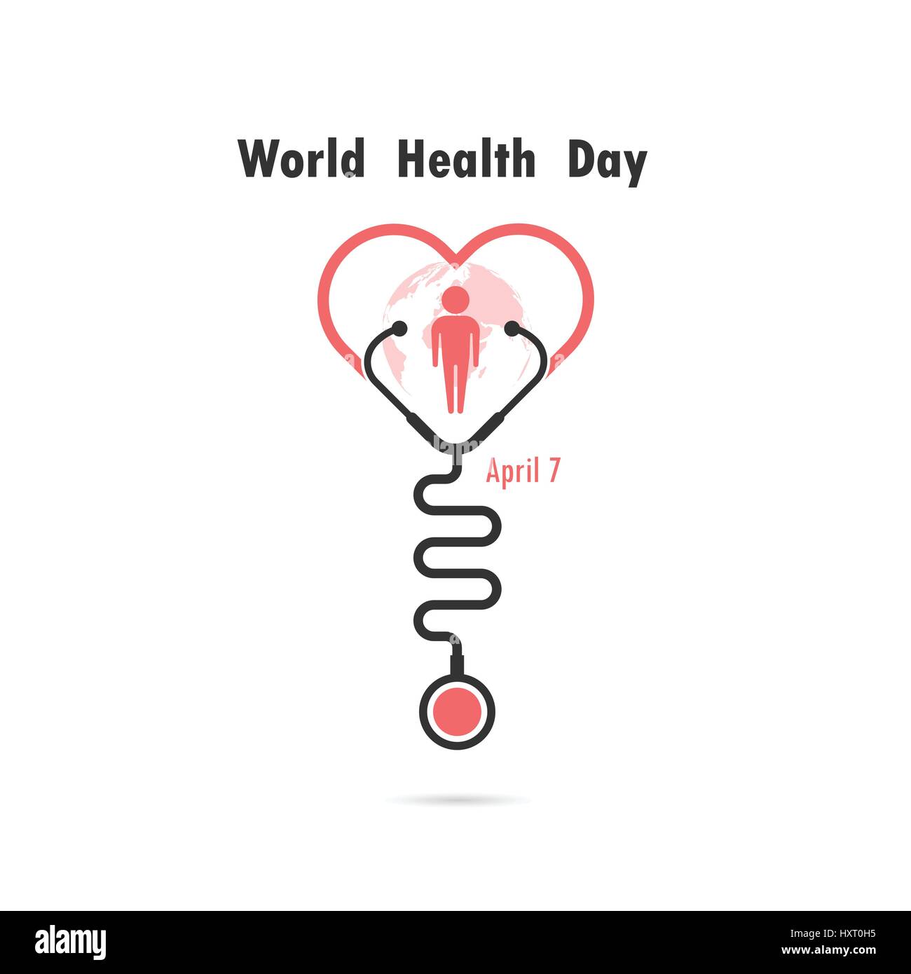 Globus-Zeichen, menschlichen Symbol und Stethoskop Symbol mit Herz-Form-Vektor-Logo-Design-Vorlage. Welt-Gesundheitstag-Symbol. World Health Day Idee Kampagne Konzept f Stock Vektor