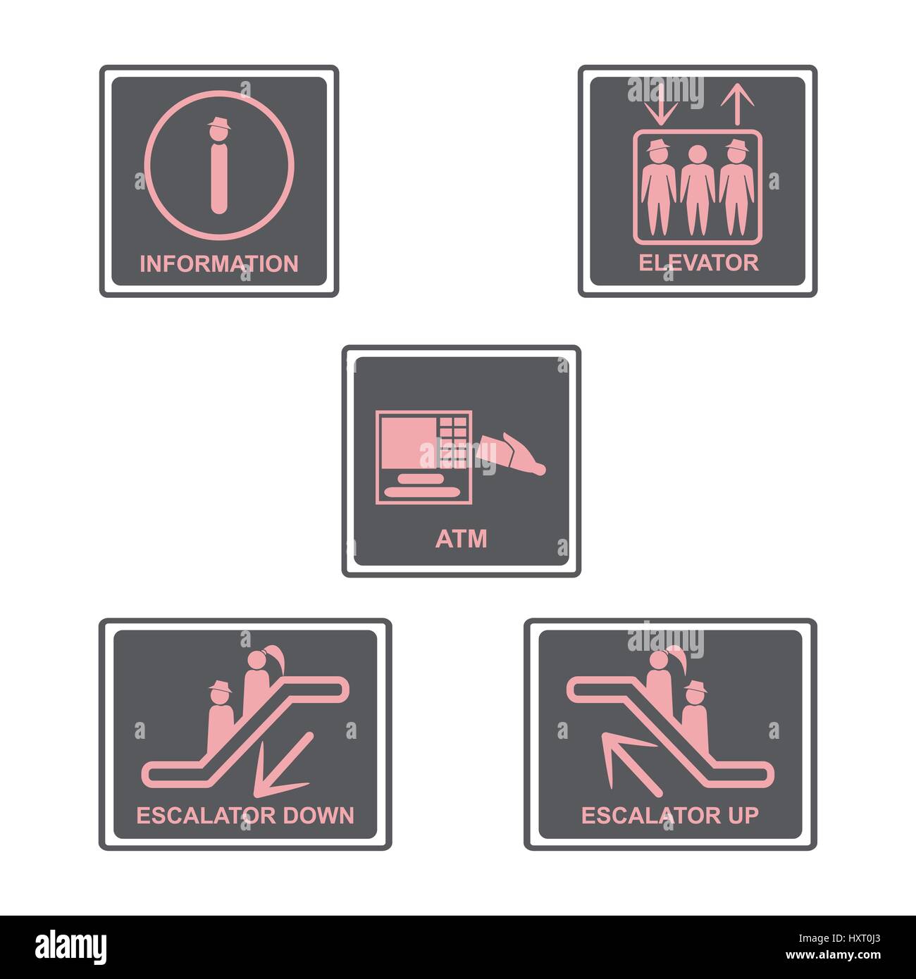 Informationen-Schild. Aufzug-Schild, unterzeichnen Rolltreppen. Automated Teller Machine. ATM-Zeichen. Menschen Symbole festgelegt. Vektor-illustration Stock Vektor