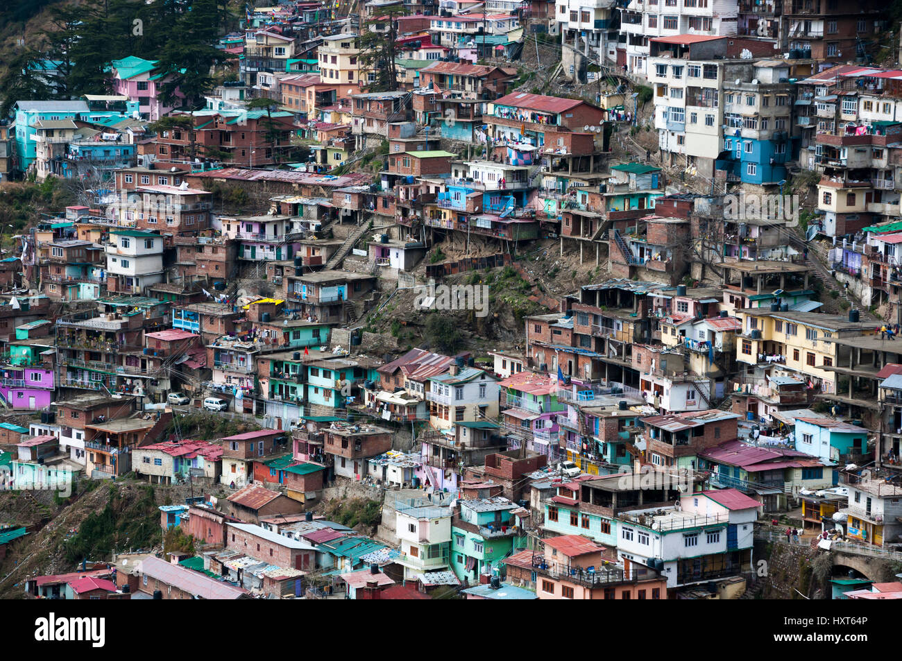Überfüllten Wohnungen am Hang in Shimla, Himachal Pradesh, Indien. Stockfoto