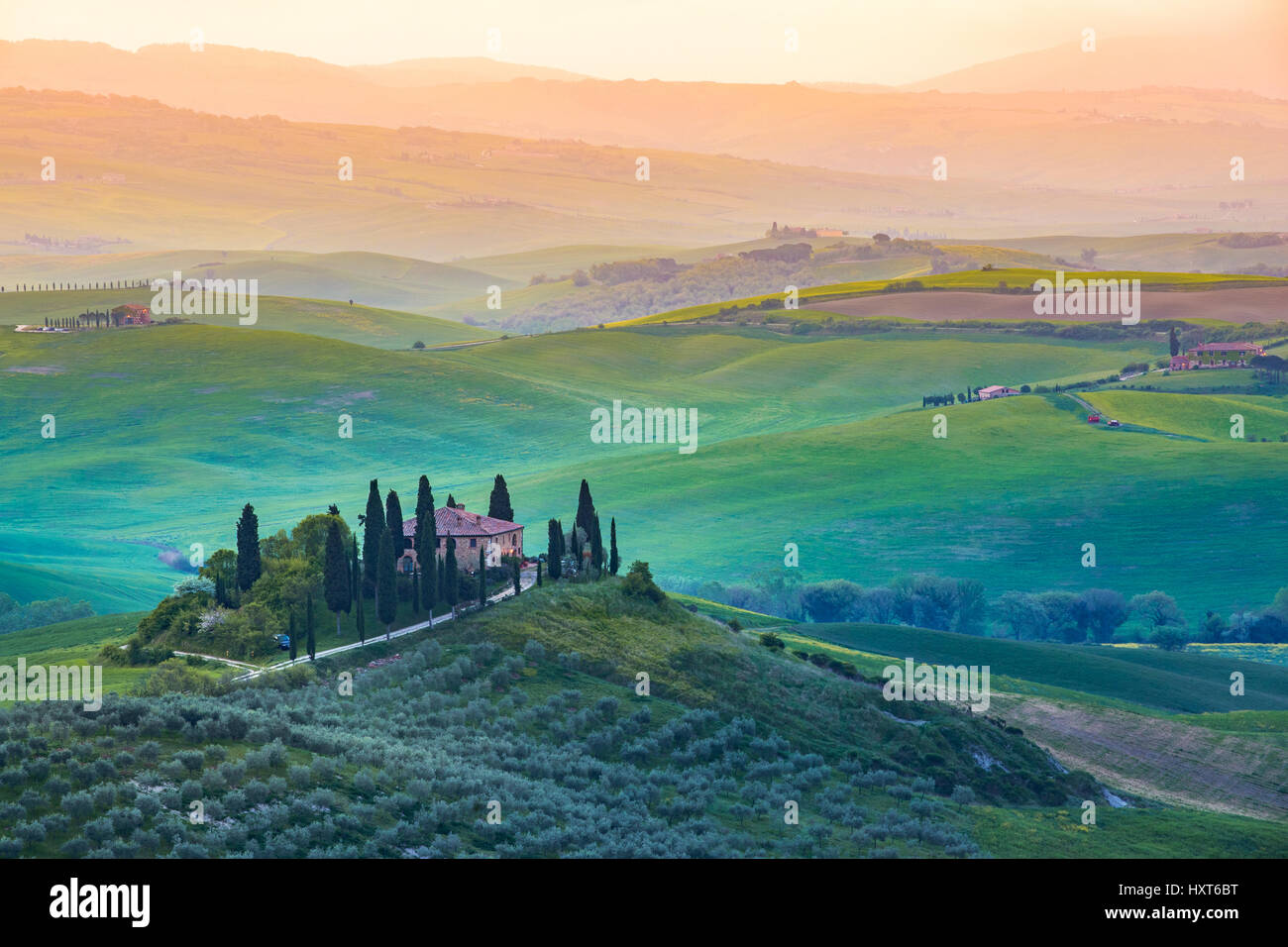 Val d ' Orcia, Toskana, Italien. Ein einsames Bauernhaus mit Zypressen und Olivenbäumen, sanften Hügeln. Stockfoto
