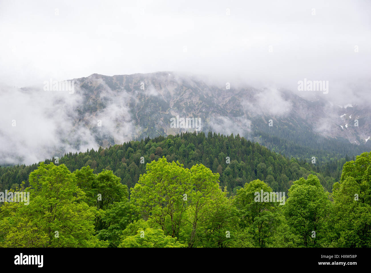 Majestätische Nebel und Wolken in den Alpen. Bayern, Deutschland. Stockfoto