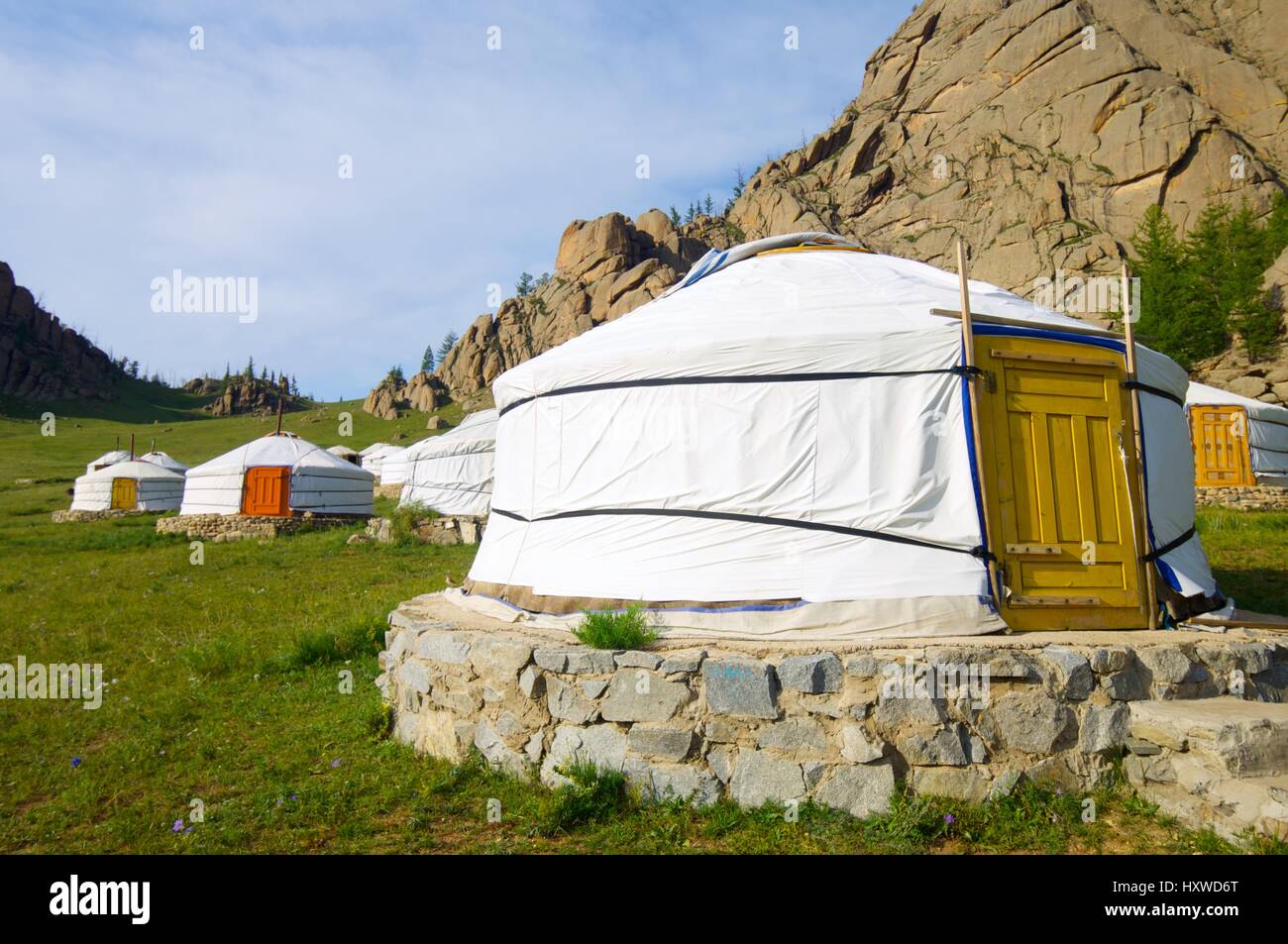 Mongolische Jurten in Gorkhi Terelji Nationalpark, Mongolei Stockfoto