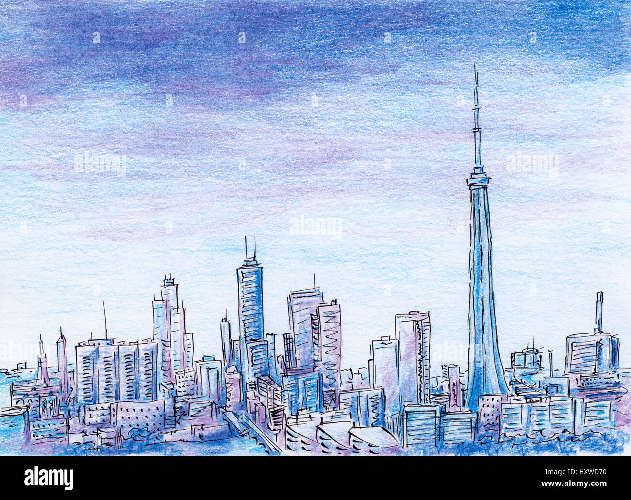 Moderne Stadt Skyline. Tinte und Buntstifte auf Papier. Stockfoto