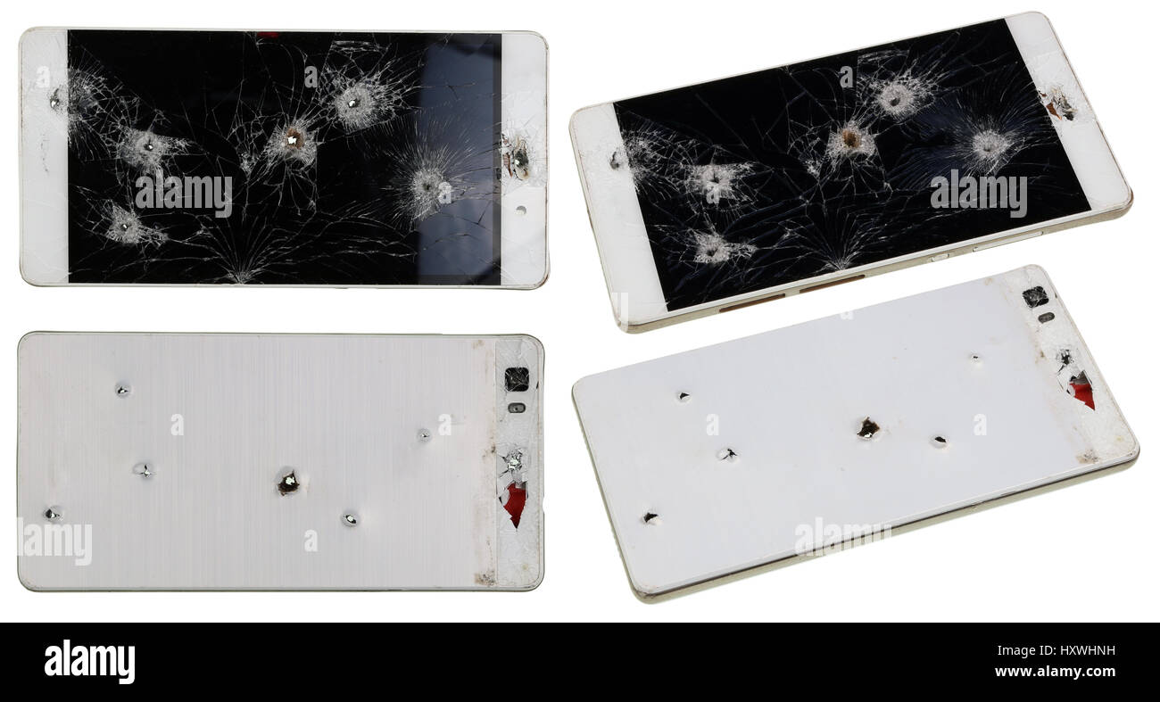 Kein Name Telefon mit Löcher von Nägeln und Kugeln Konzept. Isoliert auf weißem Set Collage. Alle Logos und Marken entfernt. Stockfoto