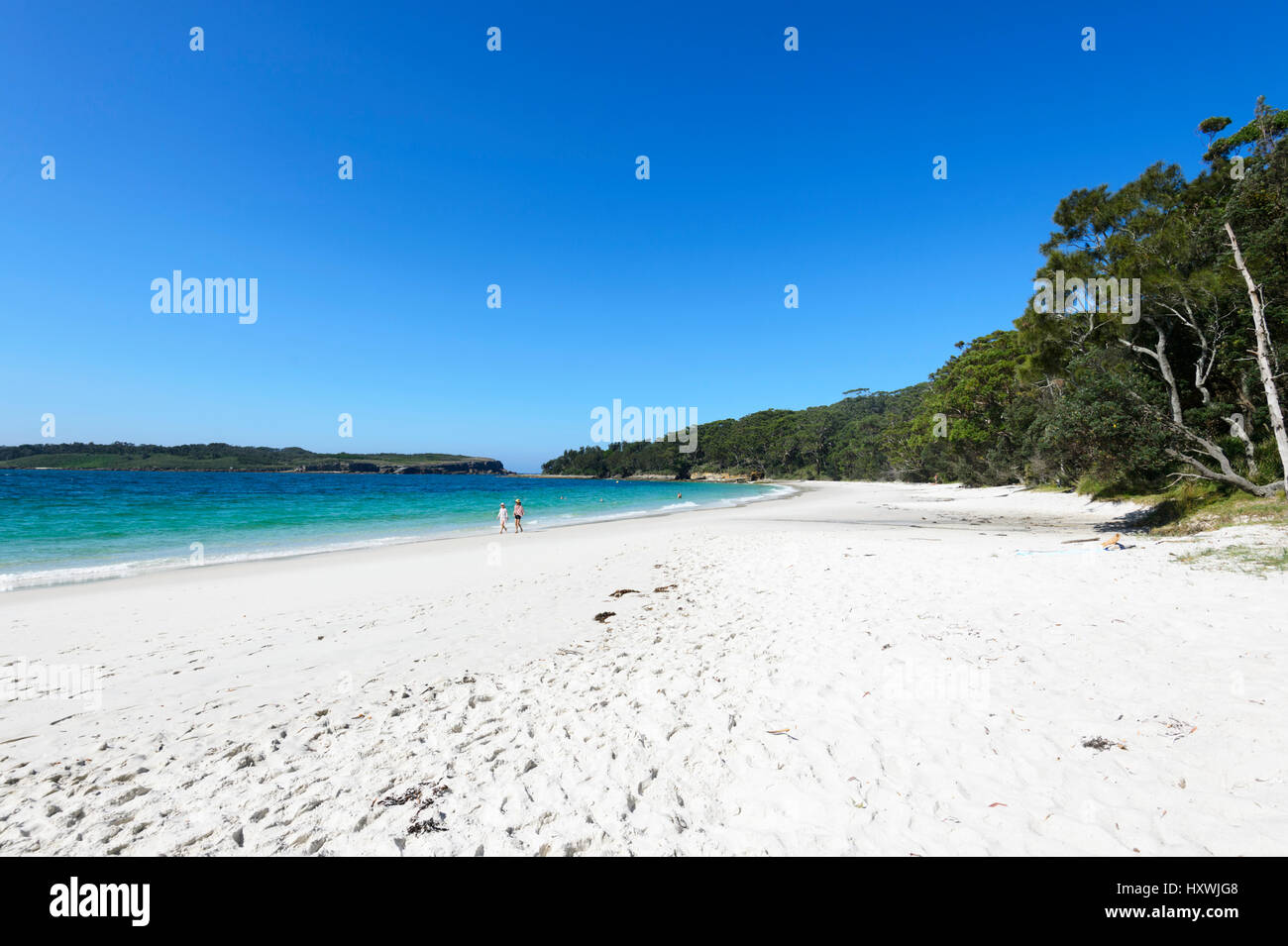 Paar, ein Spaziergang auf dem weißen Sand des malerischen Murray Beach, Booderee Nationalpark, Jervis Bay, New South Wales, NSW, Australien Stockfoto