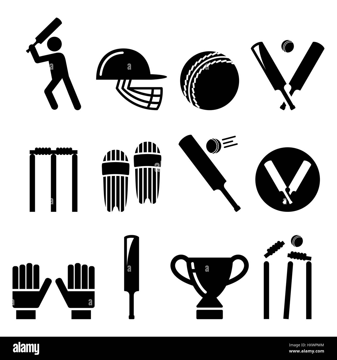 Kricketschläger, Mann spielen Cricket, Cricket Ausrüstung - Sport Icons set Stock Vektor