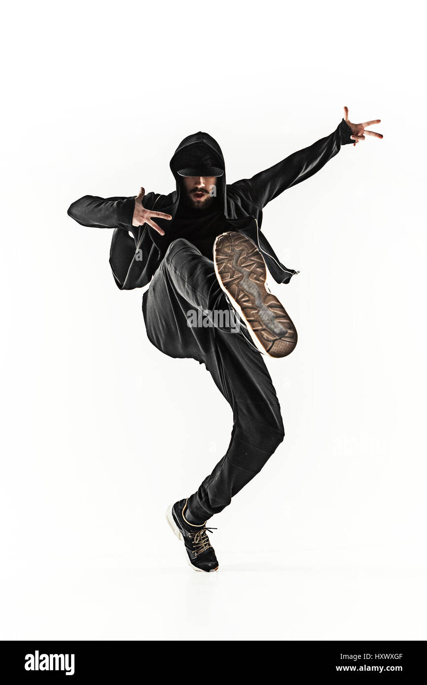 Die Silhouette von einem Hip-Hop-männliche Pause Tänzer tanzen auf weißem Hintergrund Stockfoto