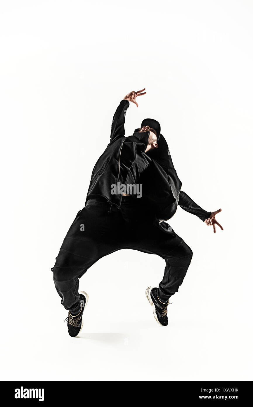 Die Silhouette von einem Hip-Hop-männliche Pause Tänzer tanzen auf weißem Hintergrund Stockfoto