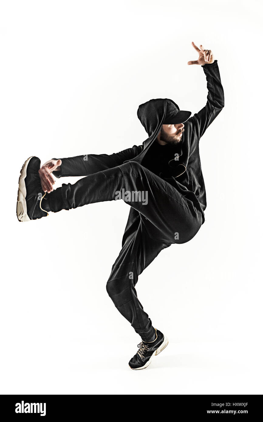Die Silhouette von einem Hip-Hop-männliche Pause Tänzer tanzen auf weißem Hintergrund Stockfoto