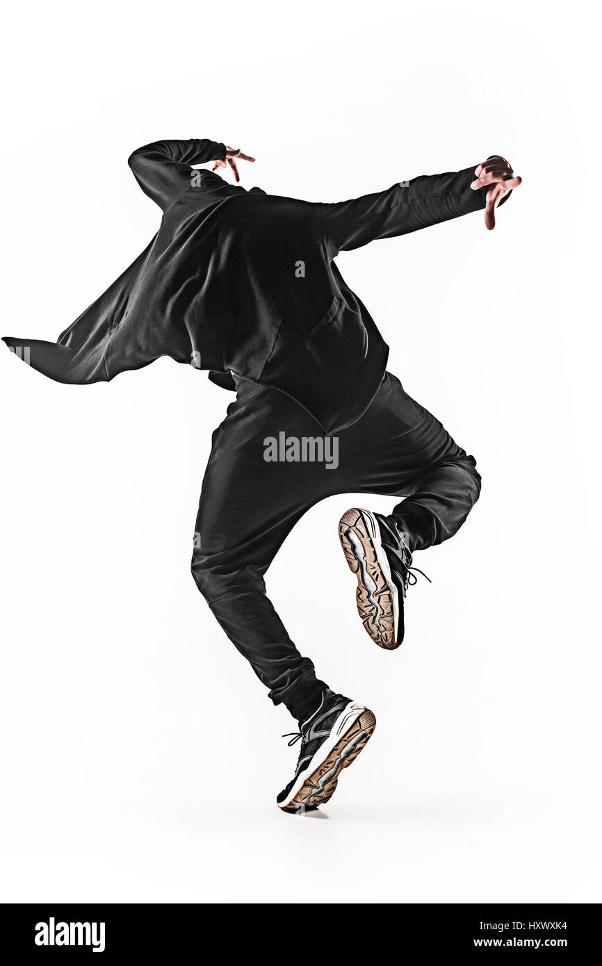 Die Silhouette von einem Hip-Hop-männliche Pause Tänzer tanzen auf weißem Hintergrund Stockfoto