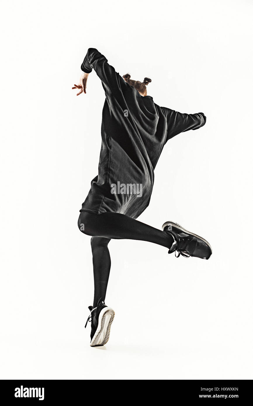Die Silhouette von einem Hip-Hop-männliche Pause Tänzer tanzen auf weißem Hintergrund Stockfoto